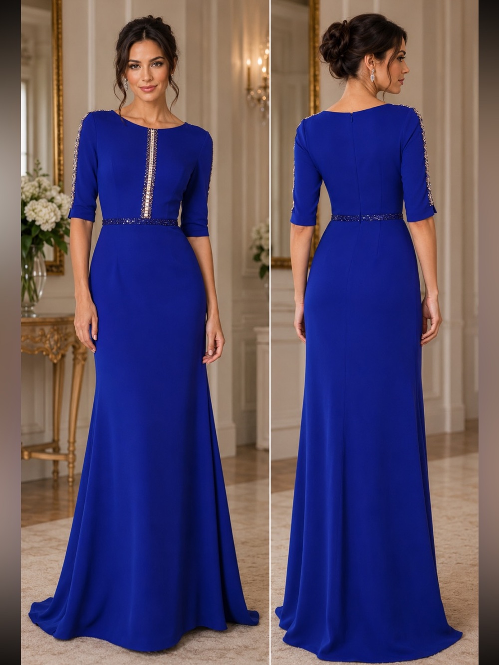 Cameron Blake 3/4 sleeve embellished A-Line formal long gown